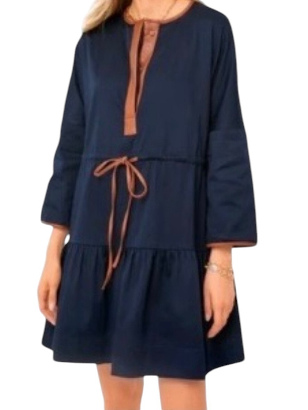 Tuckernuck Lucy Cotton Leather Trim Long Sleeve Split Crew Neck Tiered MiniDress